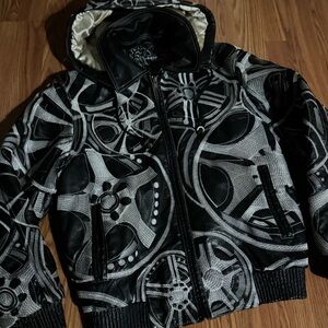 Bubble Well Vintage NY USA Leather Stitched Hooded Bomber Jacket Streetwear Y2k